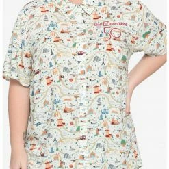 HUNIVERS Her Universe Walt Disney World 50th Anniversary Attractions Map Woven Button-Up Plus Size